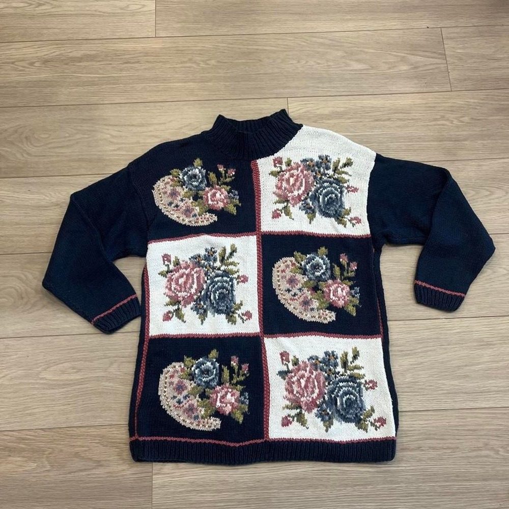 Vintage Navy Blue Floral Patchwork Handknit Sweater Women M Cottagecore Coquette